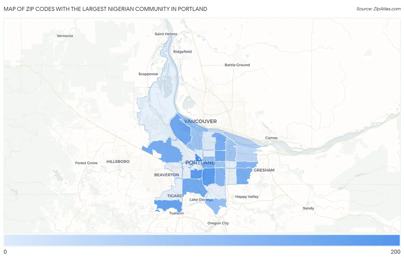 Zip Codes with the Largest Nigerian Community in Portland Map