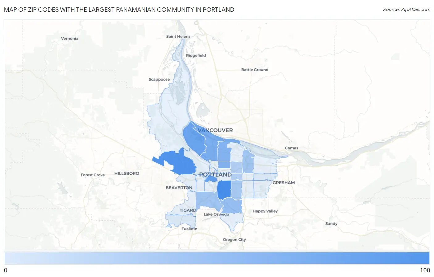 Zip Codes with the Largest Panamanian Community in Portland Map