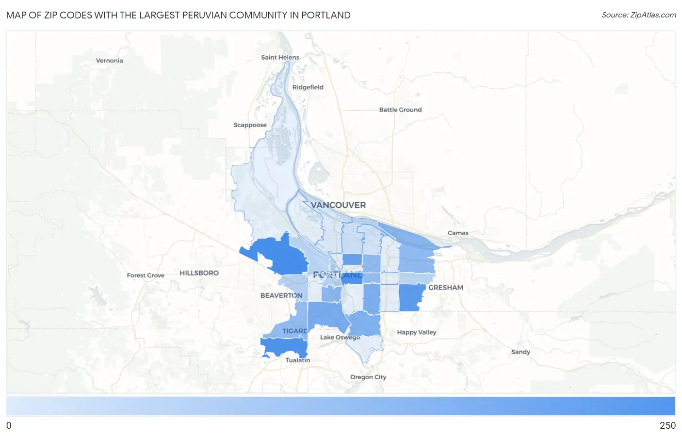 Zip Codes with the Largest Peruvian Community in Portland Map