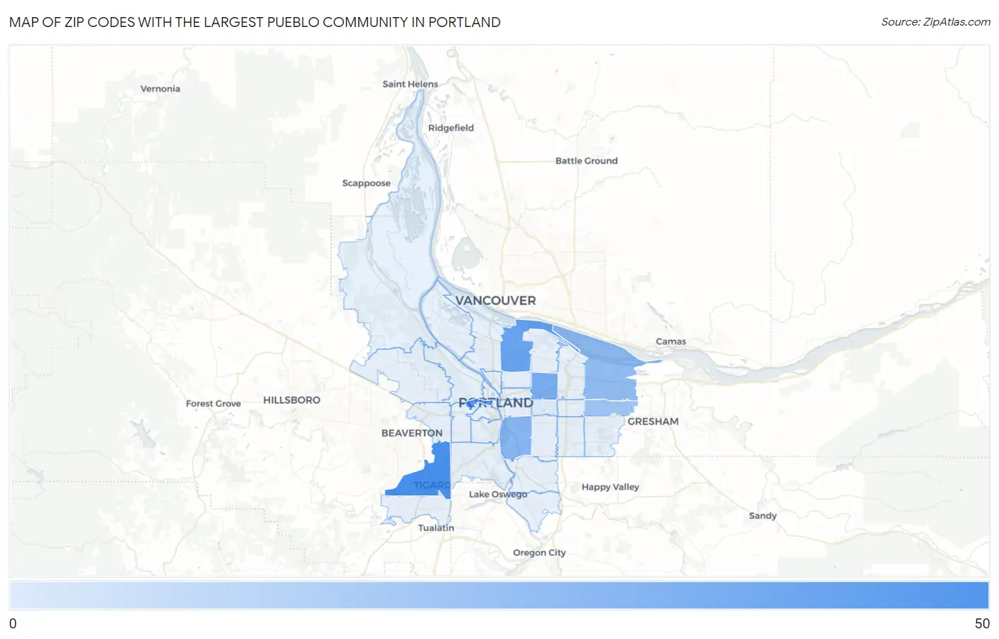 Zip Codes with the Largest Pueblo Community in Portland Map