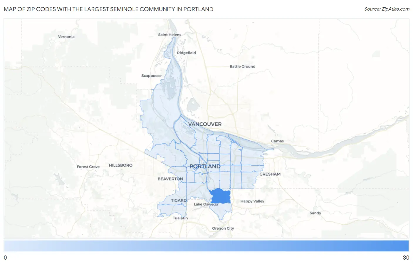 Zip Codes with the Largest Seminole Community in Portland Map