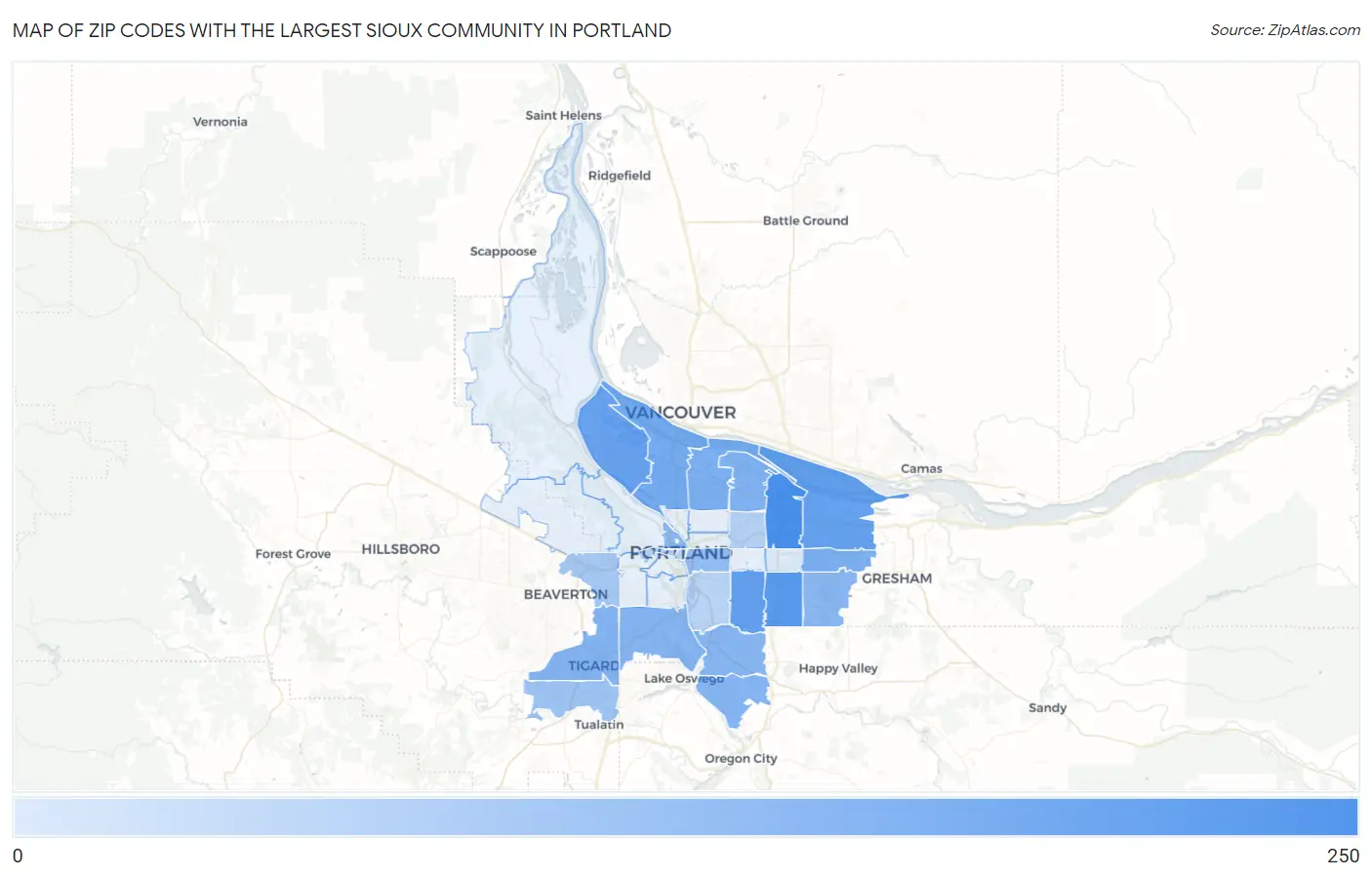 Zip Codes with the Largest Sioux Community in Portland Map