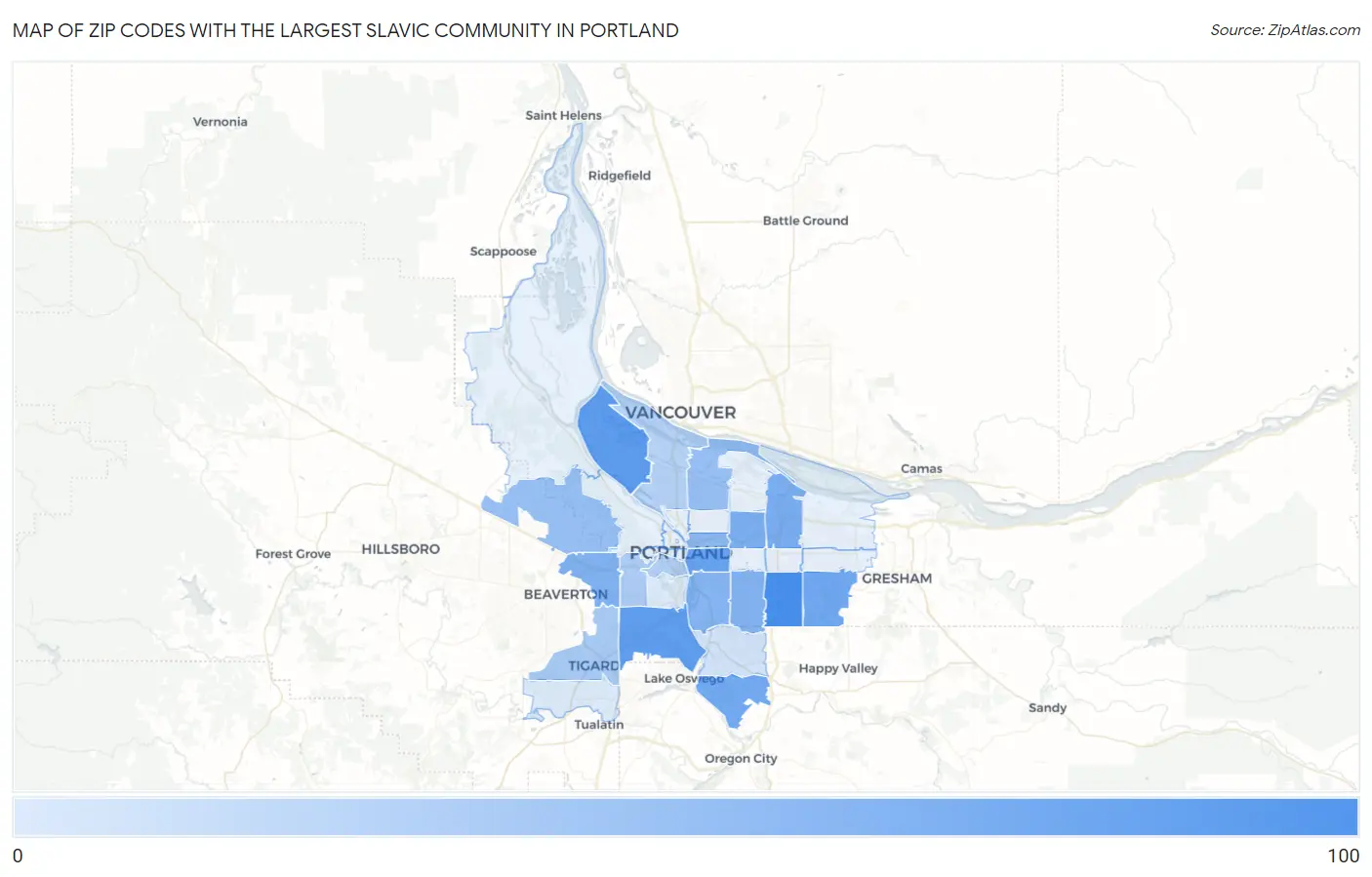 Zip Codes with the Largest Slavic Community in Portland Map