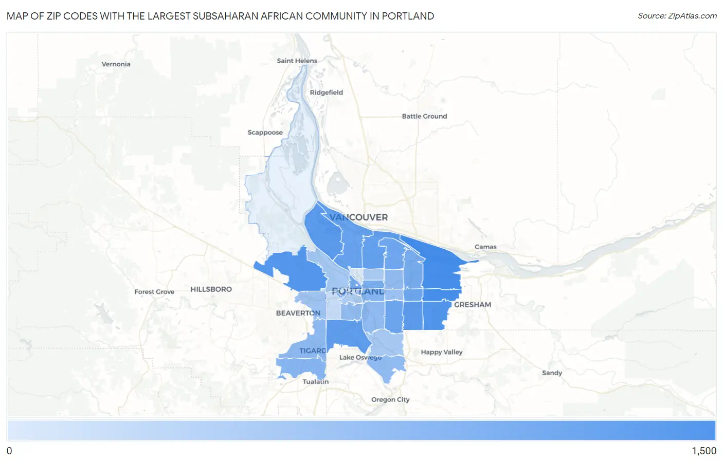 Zip Codes with the Largest Subsaharan African Community in Portland Map