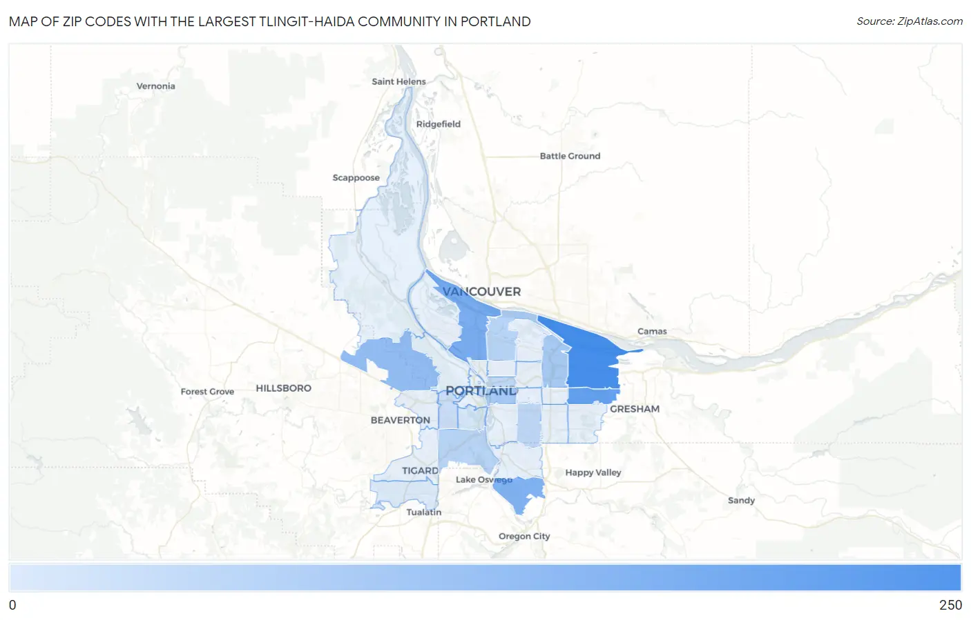 Zip Codes with the Largest Tlingit-Haida Community in Portland Map
