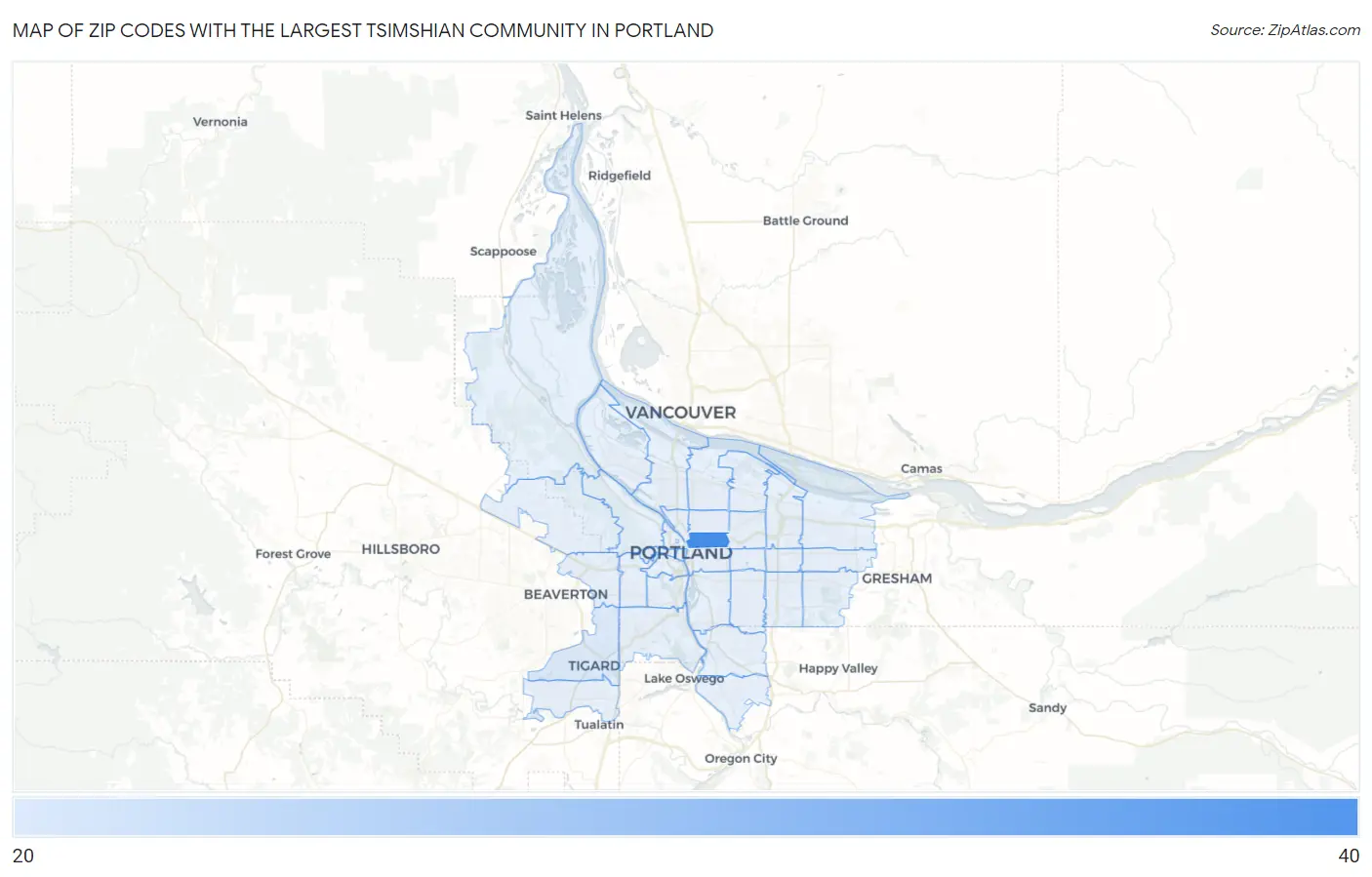 Zip Codes with the Largest Tsimshian Community in Portland Map