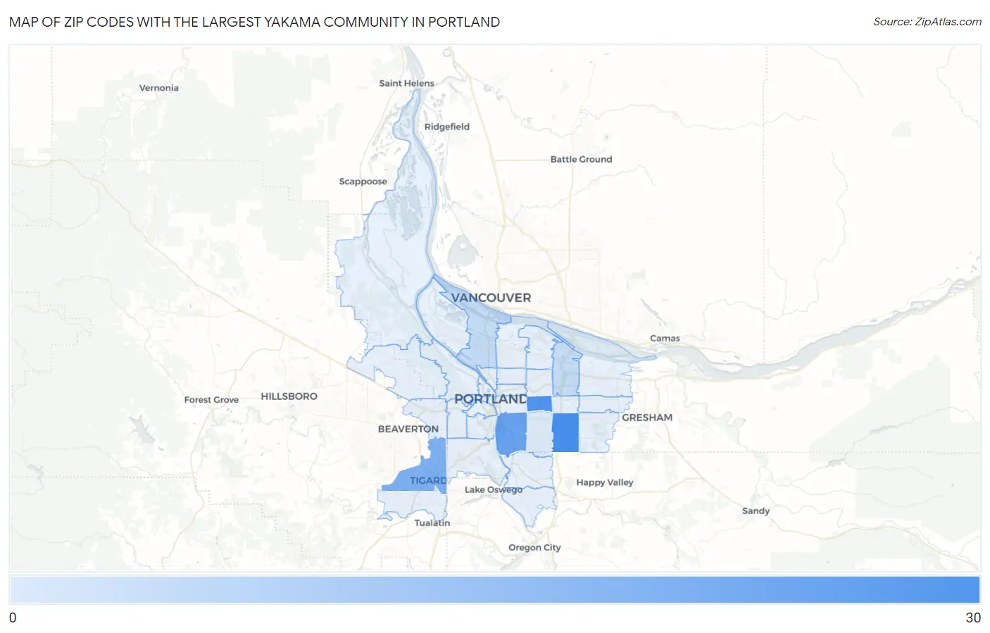 Zip Codes with the Largest Yakama Community in Portland Map