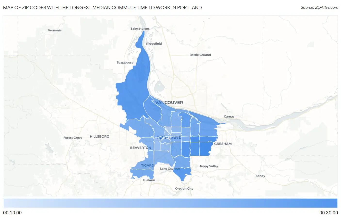 Zip Codes with the Longest Median Commute Time to Work in Portland Map