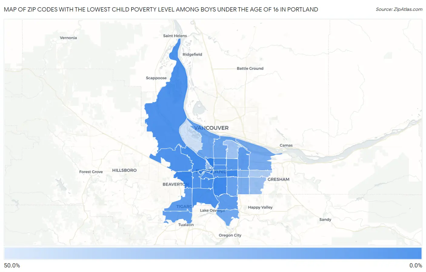 Zip Codes with the Lowest Child Poverty Level Among Boys Under the Age of 16 in Portland Map