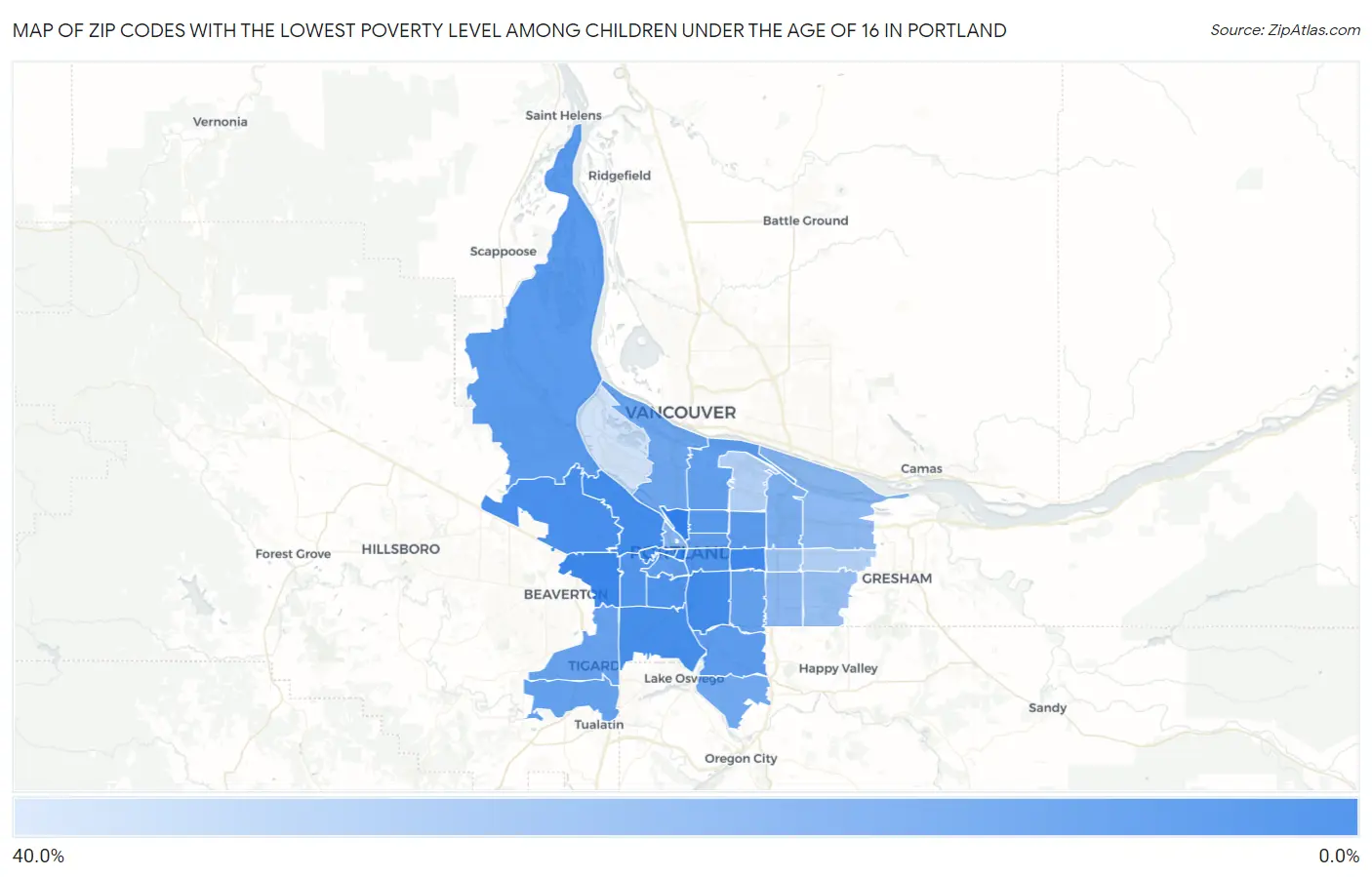 Zip Codes with the Lowest Poverty Level Among Children Under the Age of 16 in Portland Map