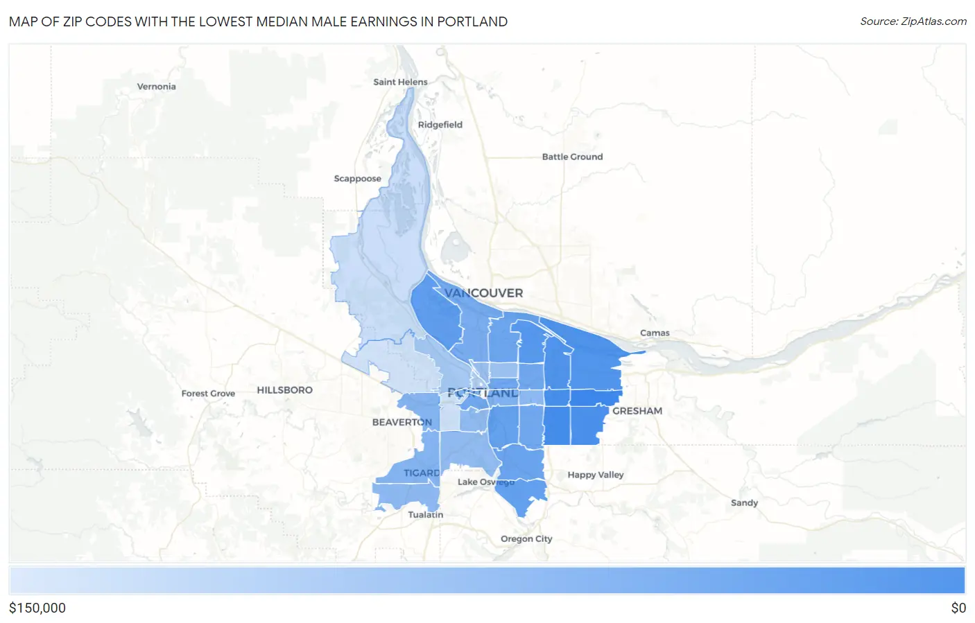 Zip Codes with the Lowest Median Male Earnings in Portland Map