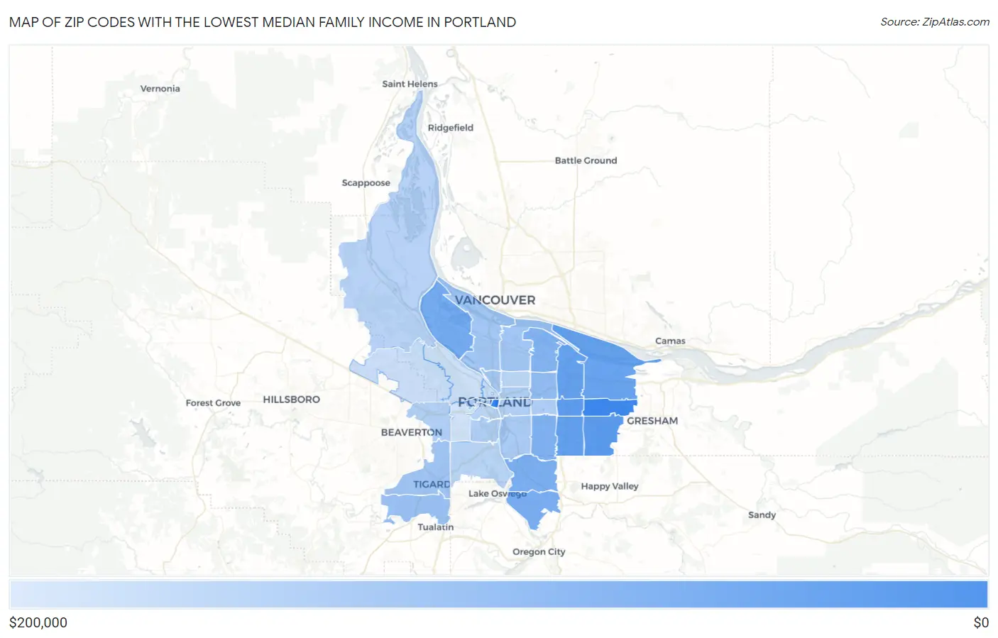 Zip Codes with the Lowest Median Family Income in Portland Map