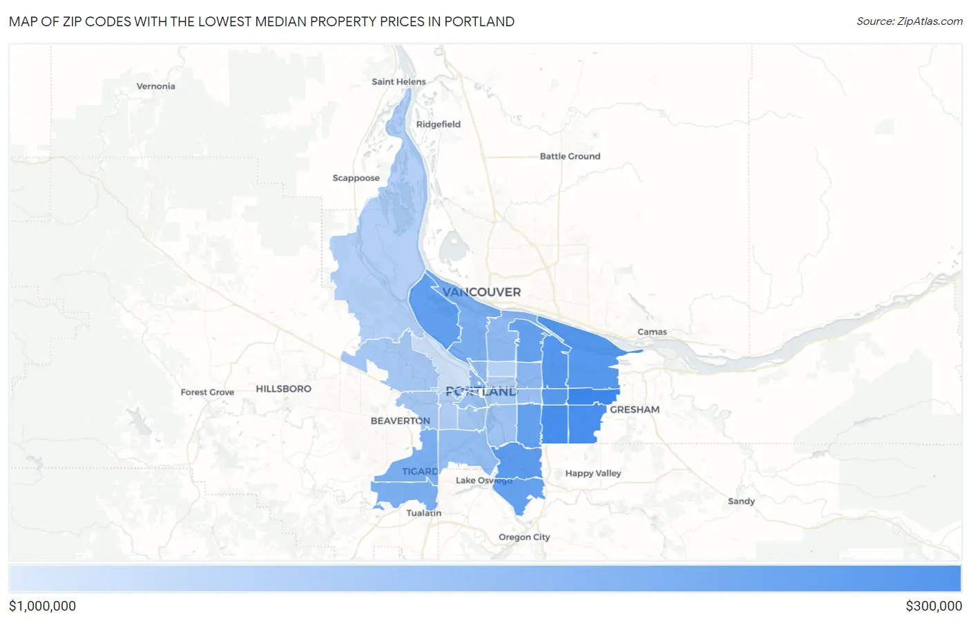 Zip Codes with the Lowest Median Property Prices in Portland Map