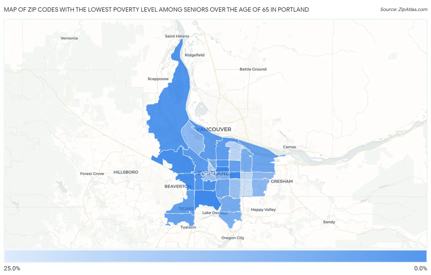 Zip Codes with the Lowest Poverty Level Among Seniors Over the Age of 65 in Portland Map