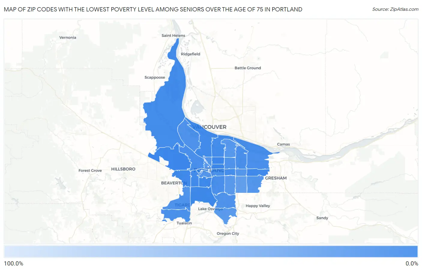 Zip Codes with the Lowest Poverty Level Among Seniors Over the Age of 75 in Portland Map