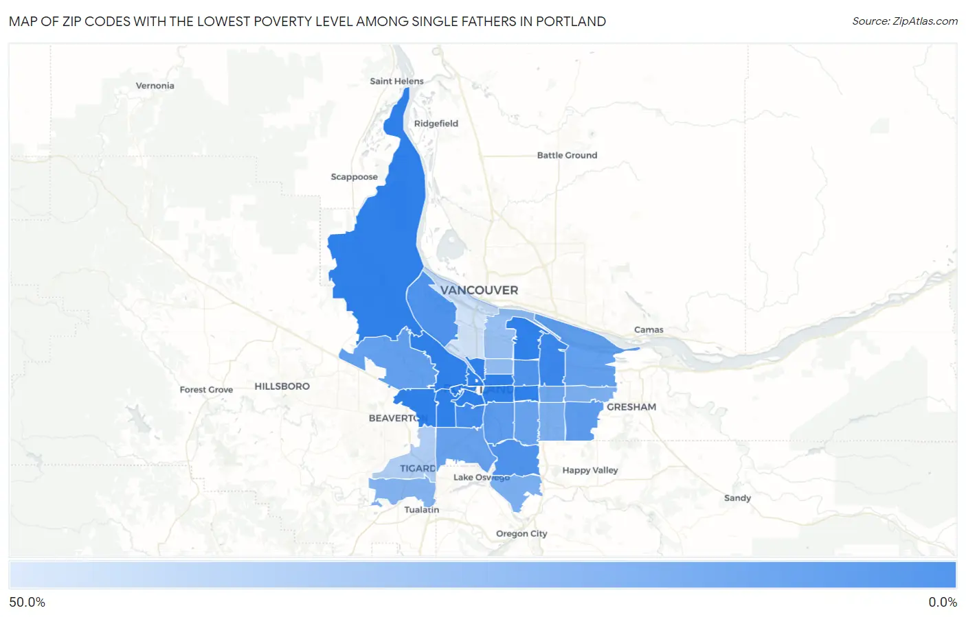 Zip Codes with the Lowest Poverty Level Among Single Fathers in Portland Map