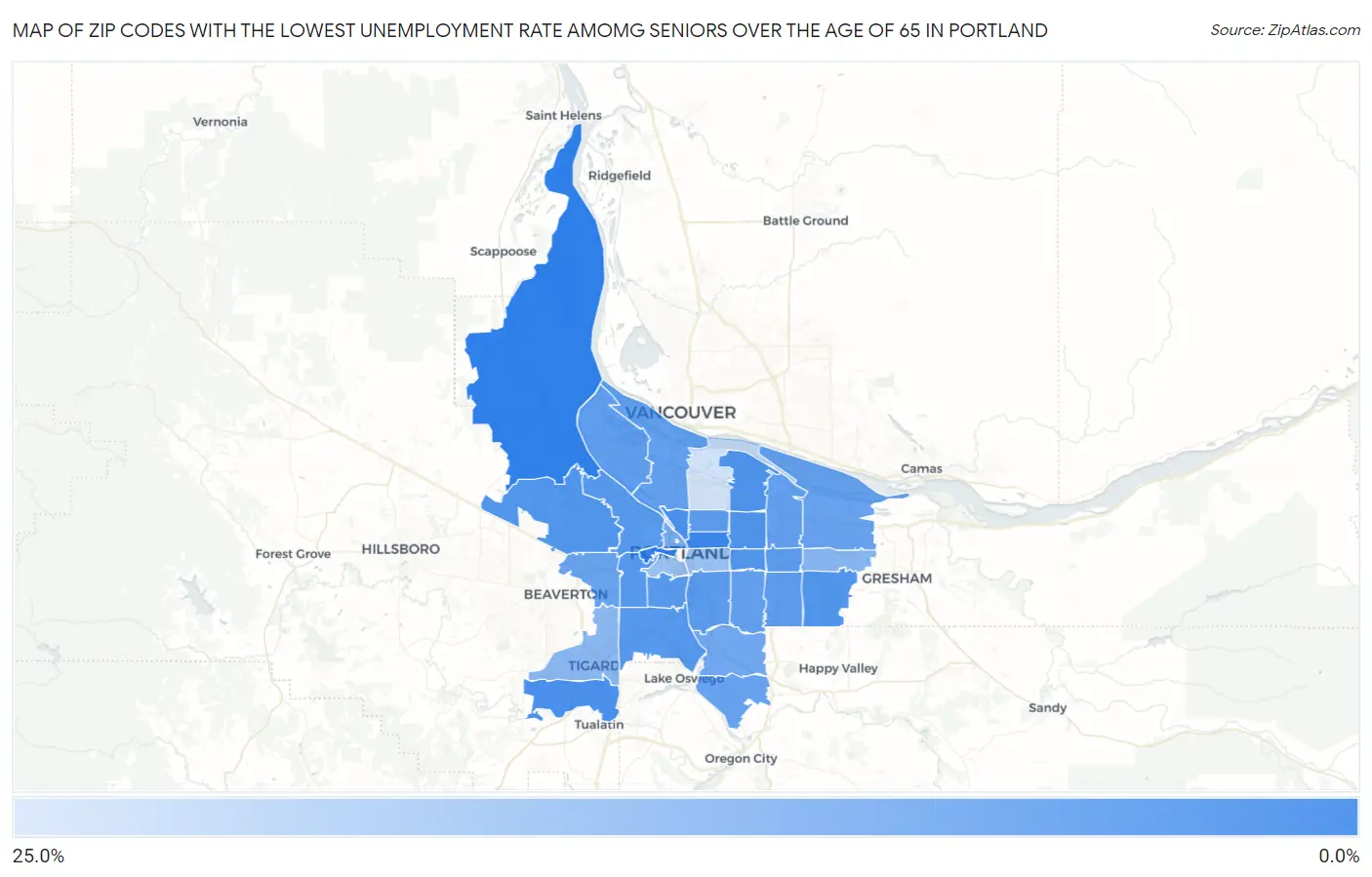Zip Codes with the Lowest Unemployment Rate Amomg Seniors Over the Age of 65 in Portland Map