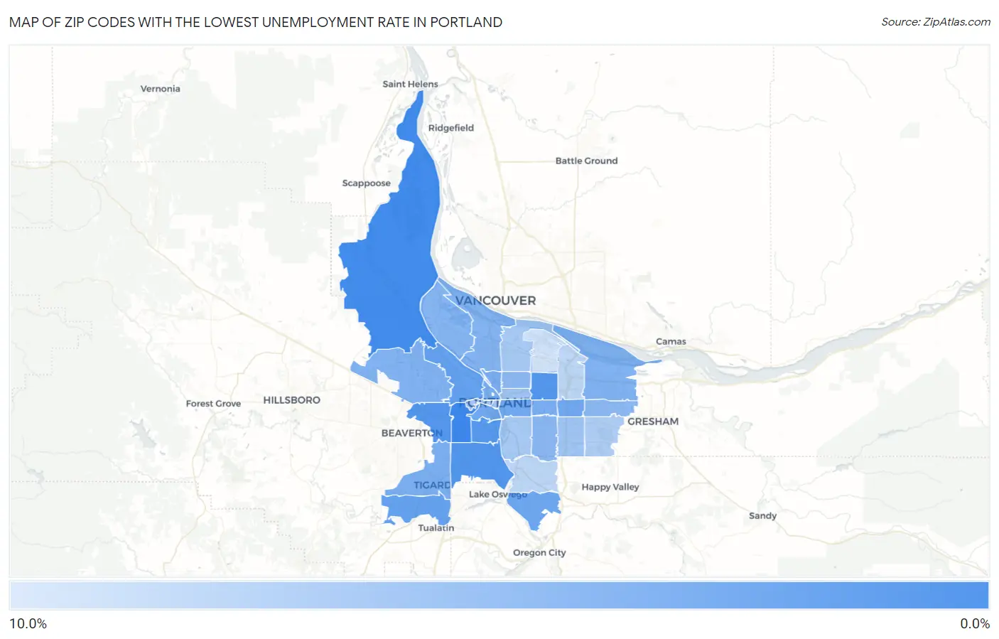 Zip Codes with the Lowest Unemployment Rate in Portland Map