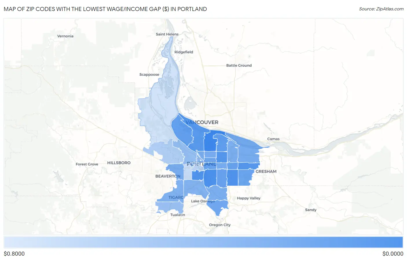 Zip Codes with the Lowest Wage/Income Gap ($) in Portland Map