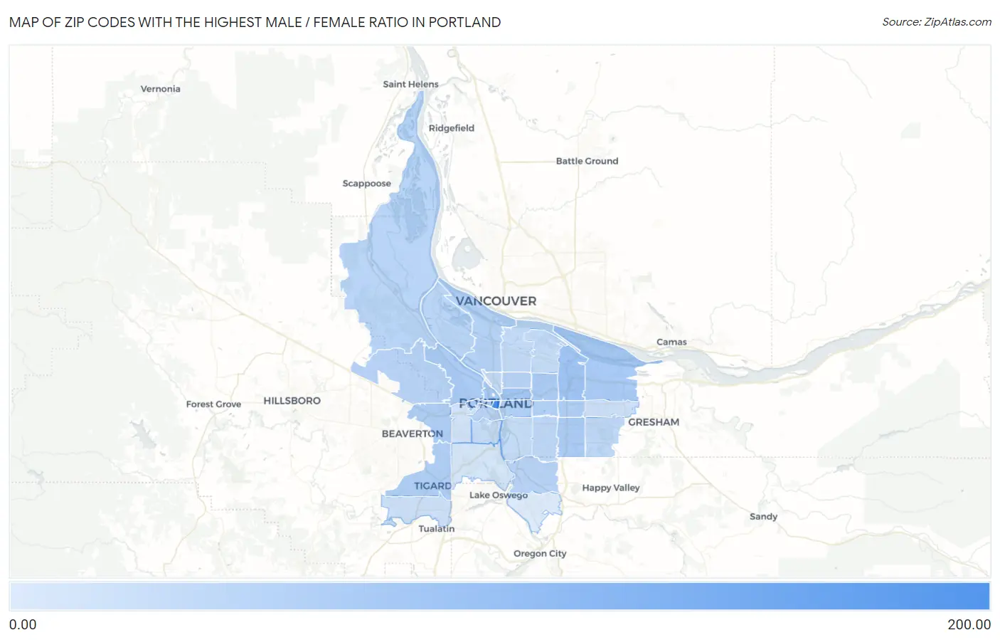 Zip Codes with the Highest Male / Female Ratio in Portland Map