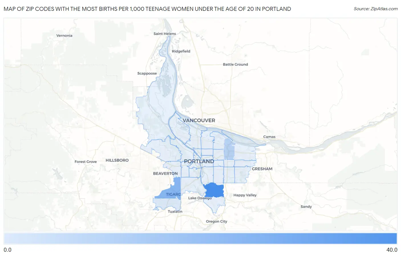 Zip Codes with the Most Births per 1,000 Teenage Women Under the Age of 20 in Portland Map