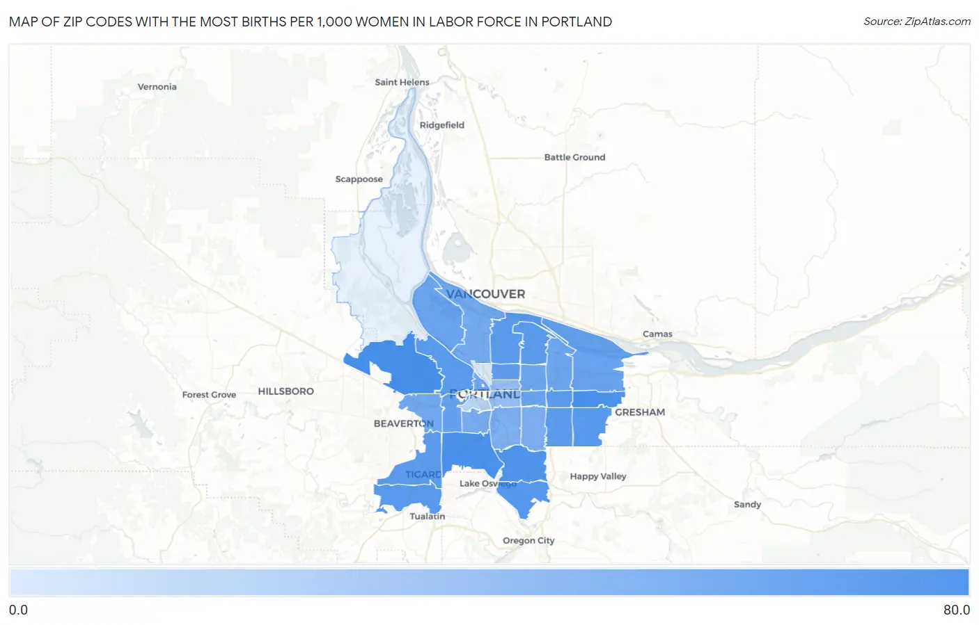 Zip Codes with the Most Births per 1,000 Women in Labor Force in Portland Map