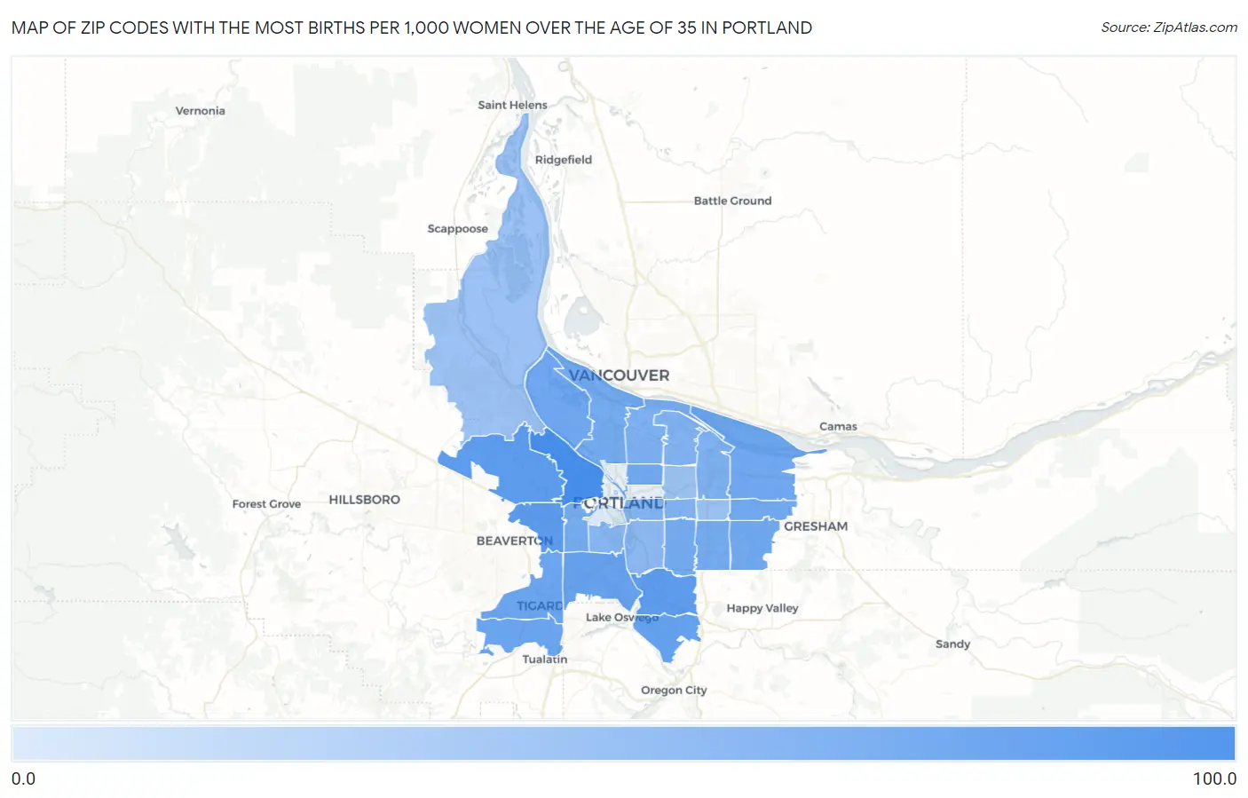 Zip Codes with the Most Births per 1,000 Women Over the Age of 35 in Portland Map