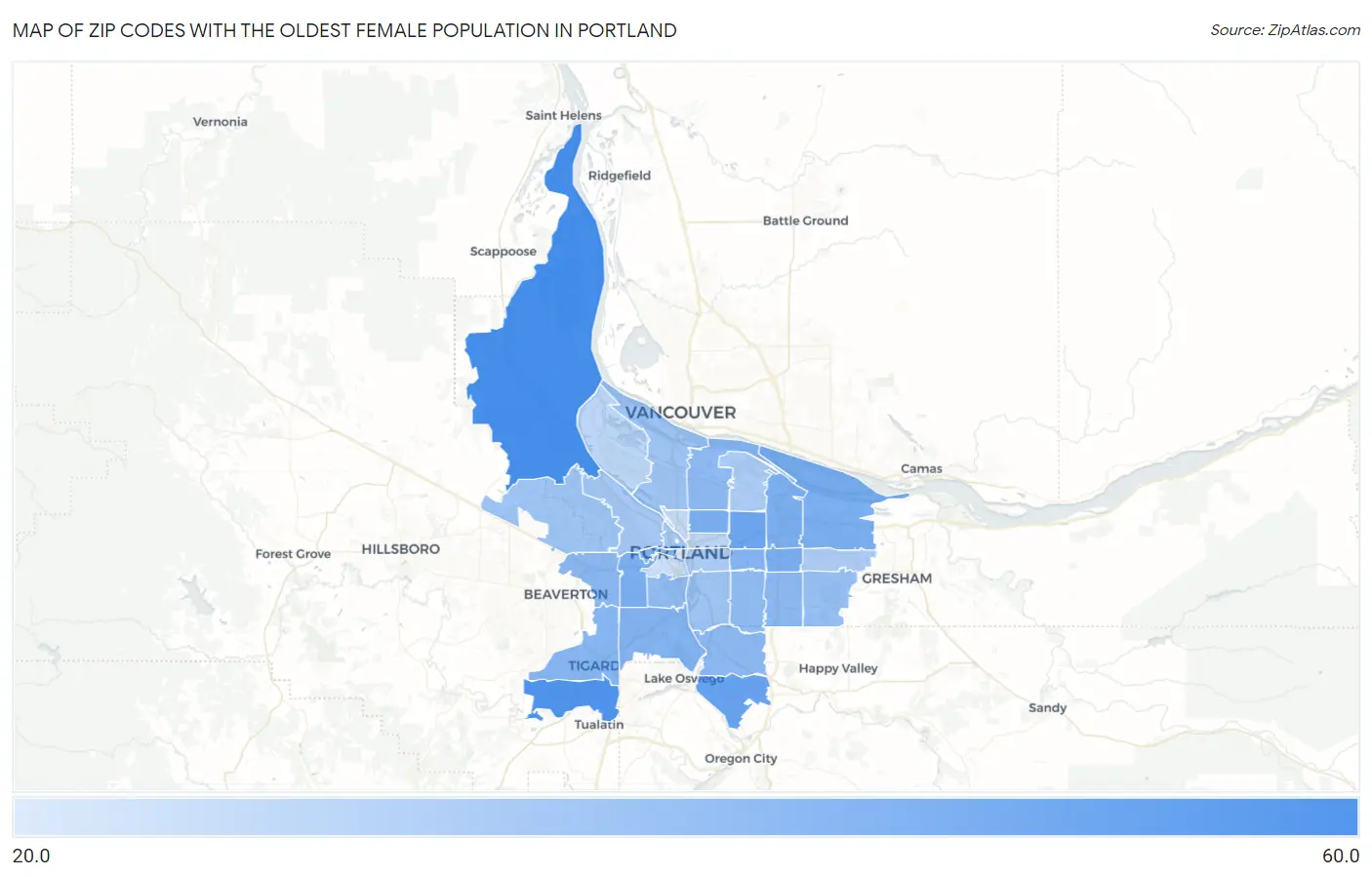 Zip Codes with the Oldest Female Population in Portland Map