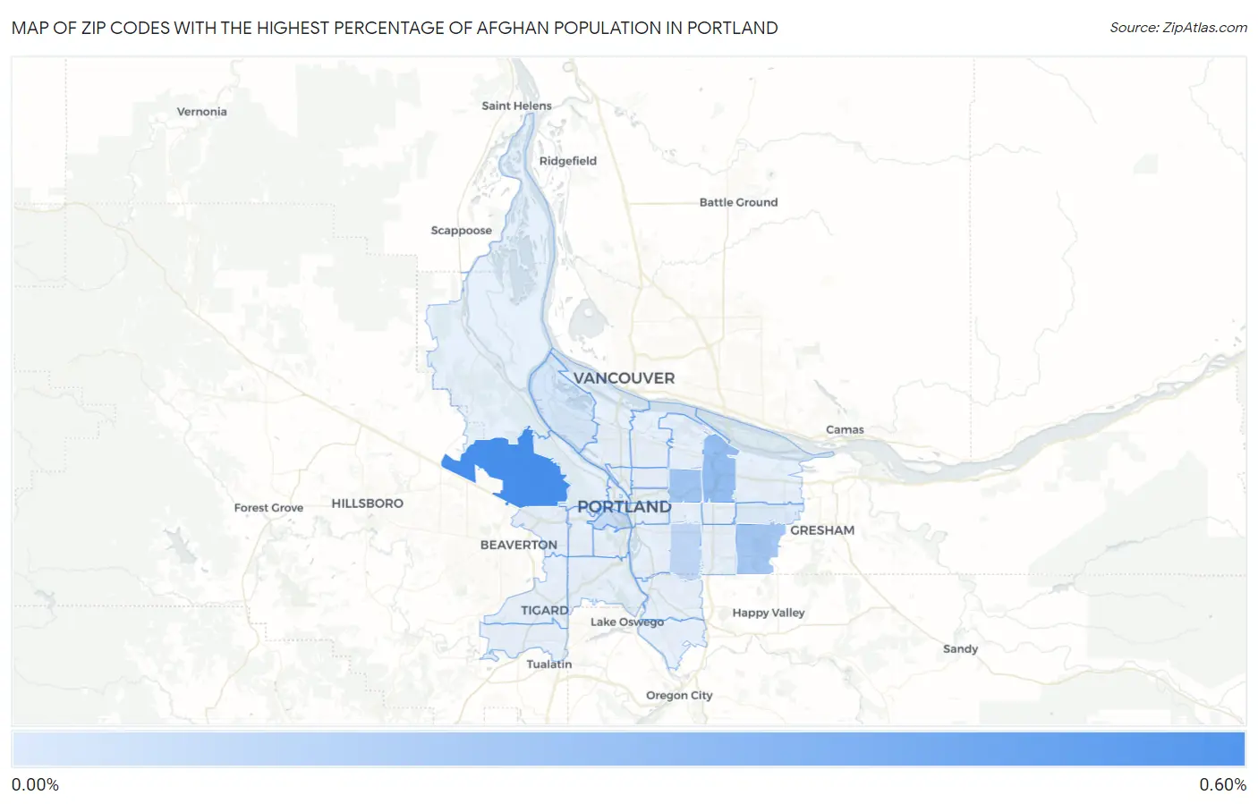Zip Codes with the Highest Percentage of Afghan Population in Portland Map