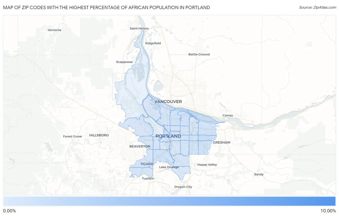 Zip Codes with the Highest Percentage of African Population in Portland Map