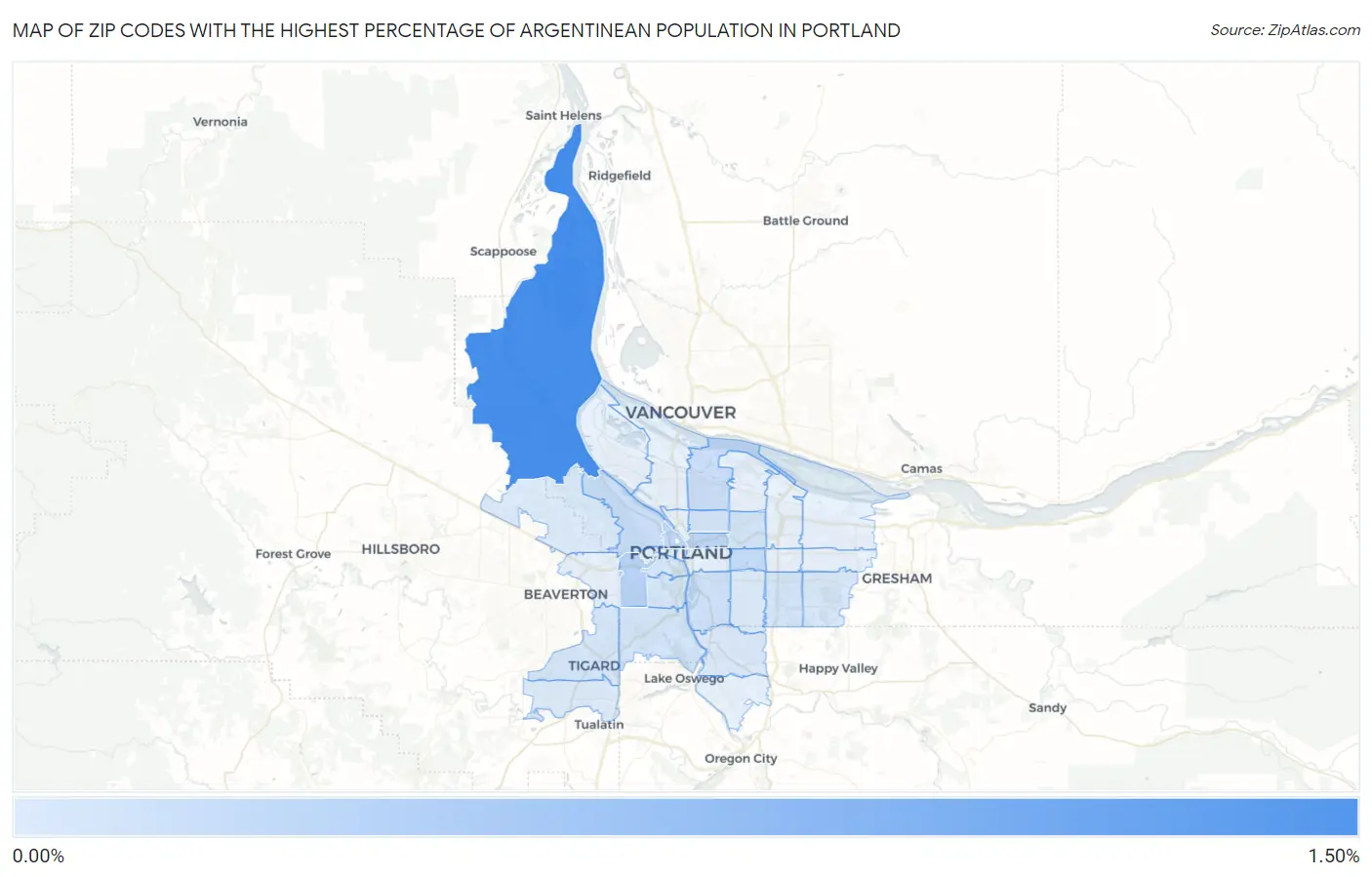 Zip Codes with the Highest Percentage of Argentinean Population in Portland Map