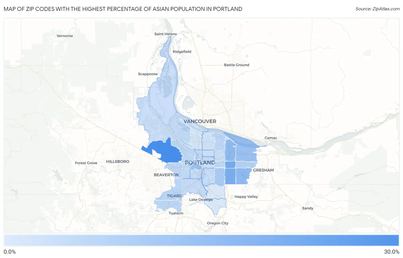 Zip Codes with the Highest Percentage of Asian Population in Portland Map