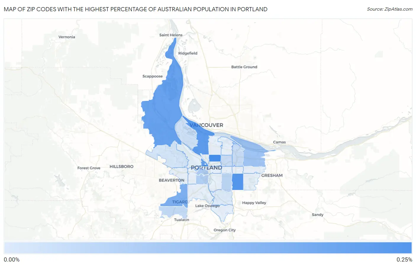 Zip Codes with the Highest Percentage of Australian Population in Portland Map