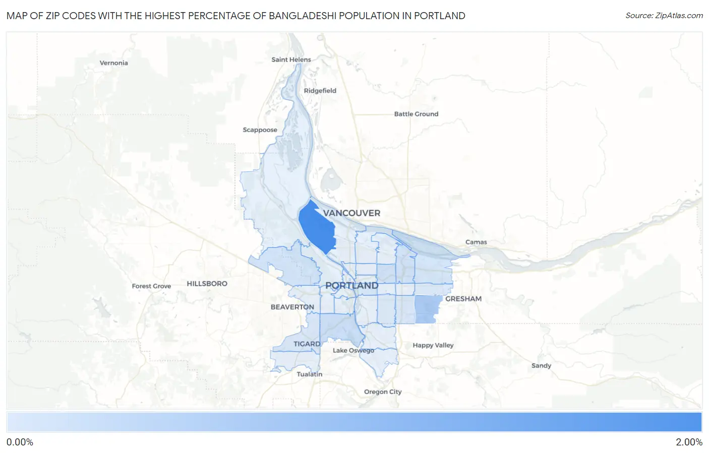 Zip Codes with the Highest Percentage of Bangladeshi Population in Portland Map