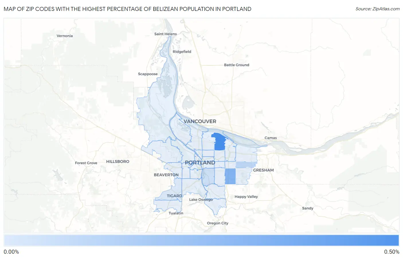 Zip Codes with the Highest Percentage of Belizean Population in Portland Map