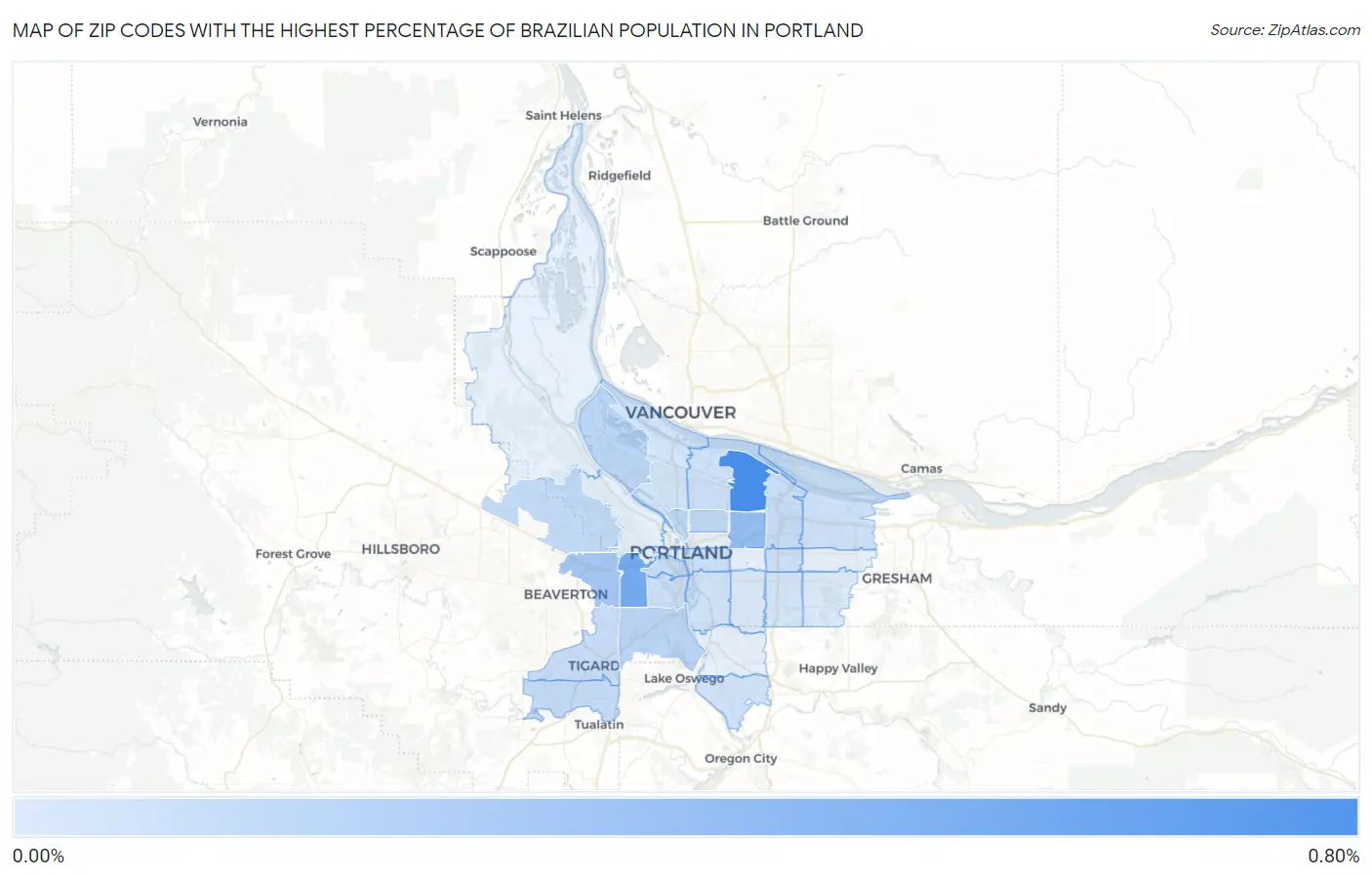 Zip Codes with the Highest Percentage of Brazilian Population in Portland Map