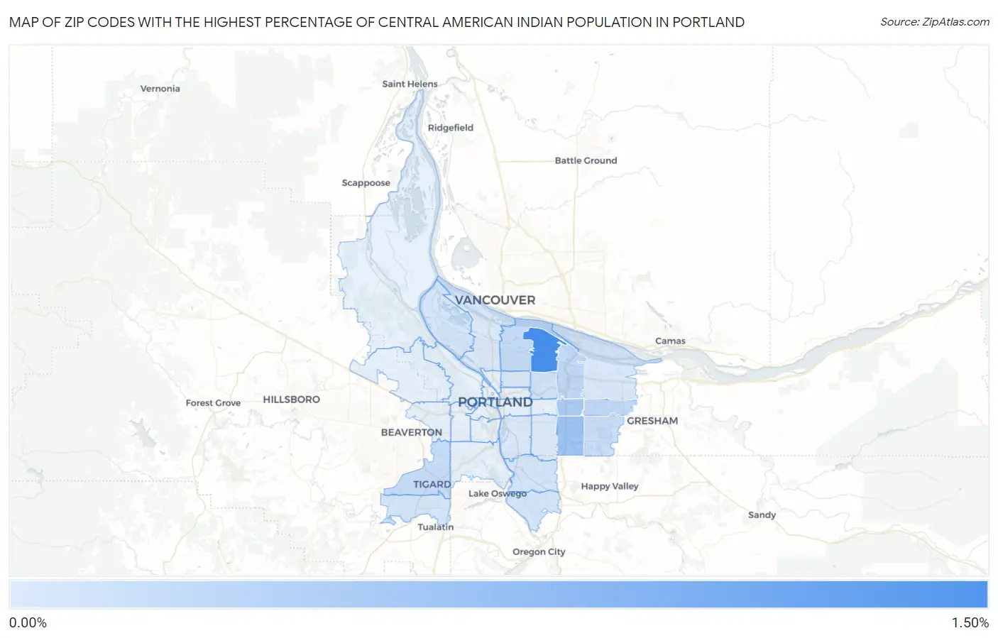 Zip Codes with the Highest Percentage of Central American Indian Population in Portland Map