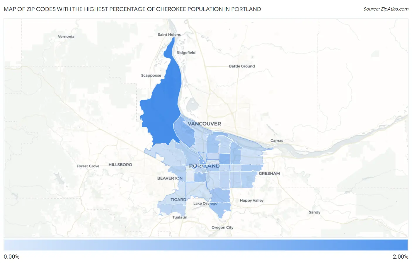 Zip Codes with the Highest Percentage of Cherokee Population in Portland Map