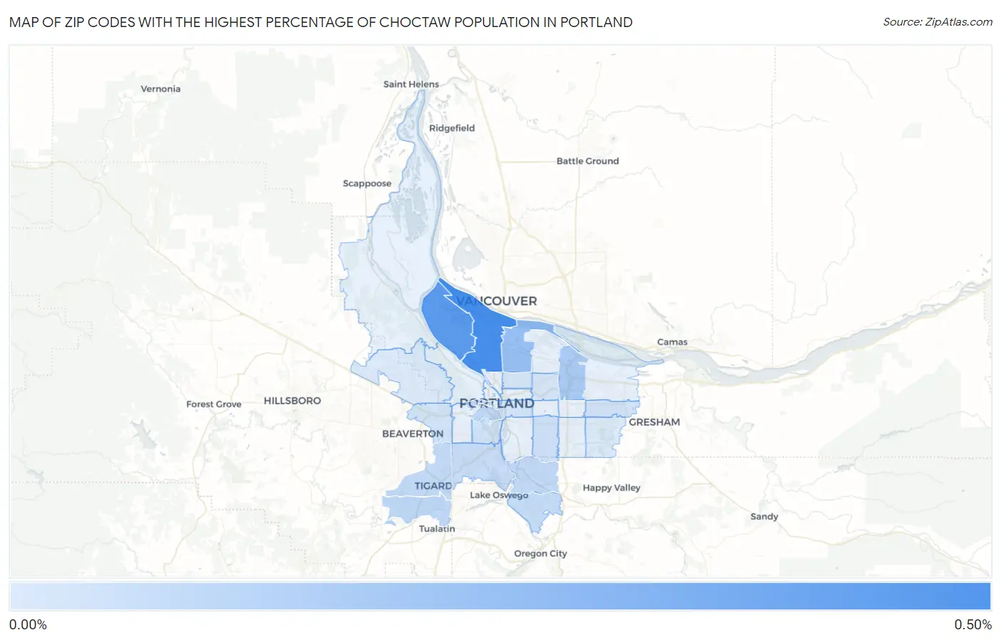 Zip Codes with the Highest Percentage of Choctaw Population in Portland Map