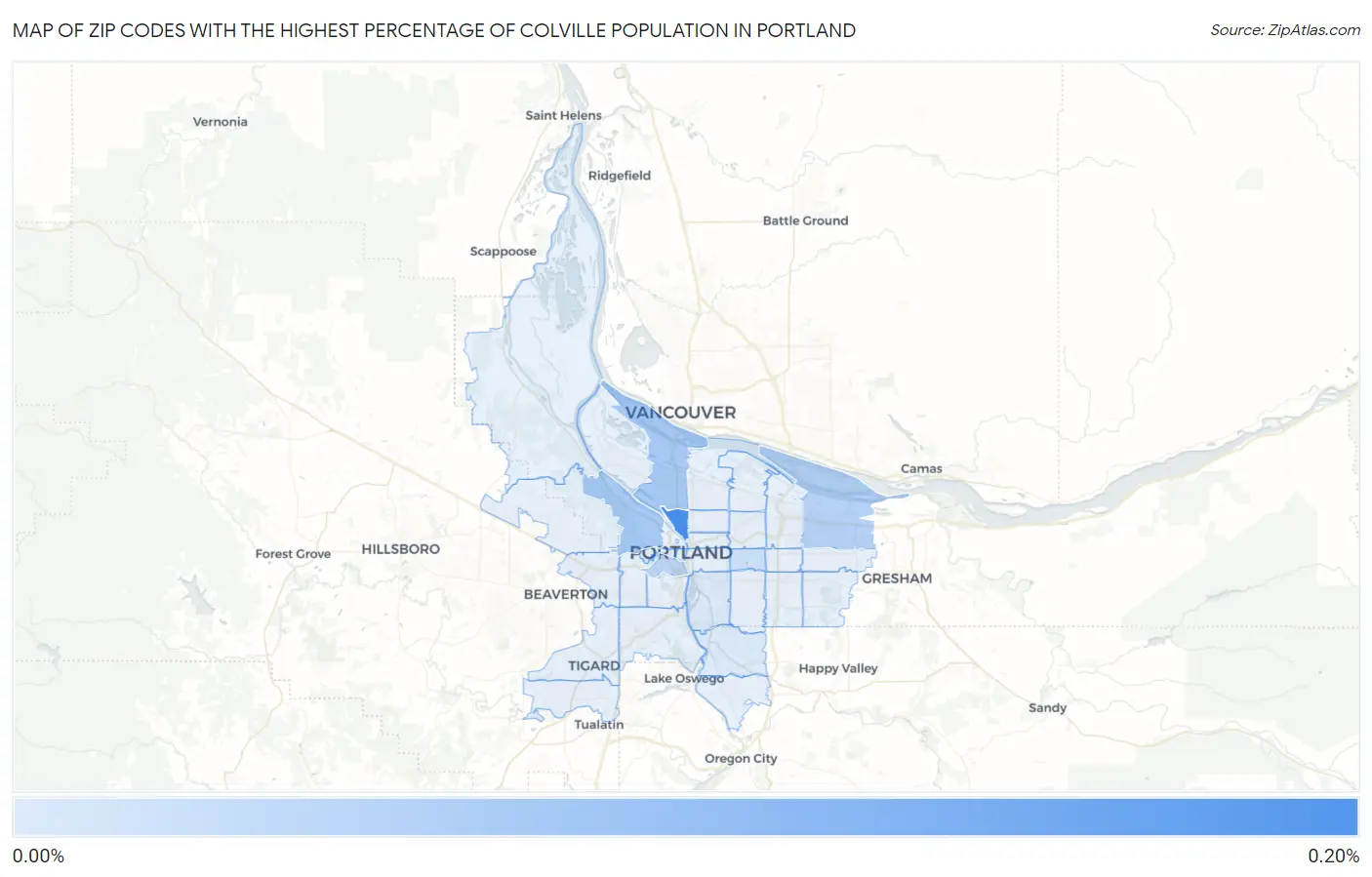 Zip Codes with the Highest Percentage of Colville Population in Portland Map