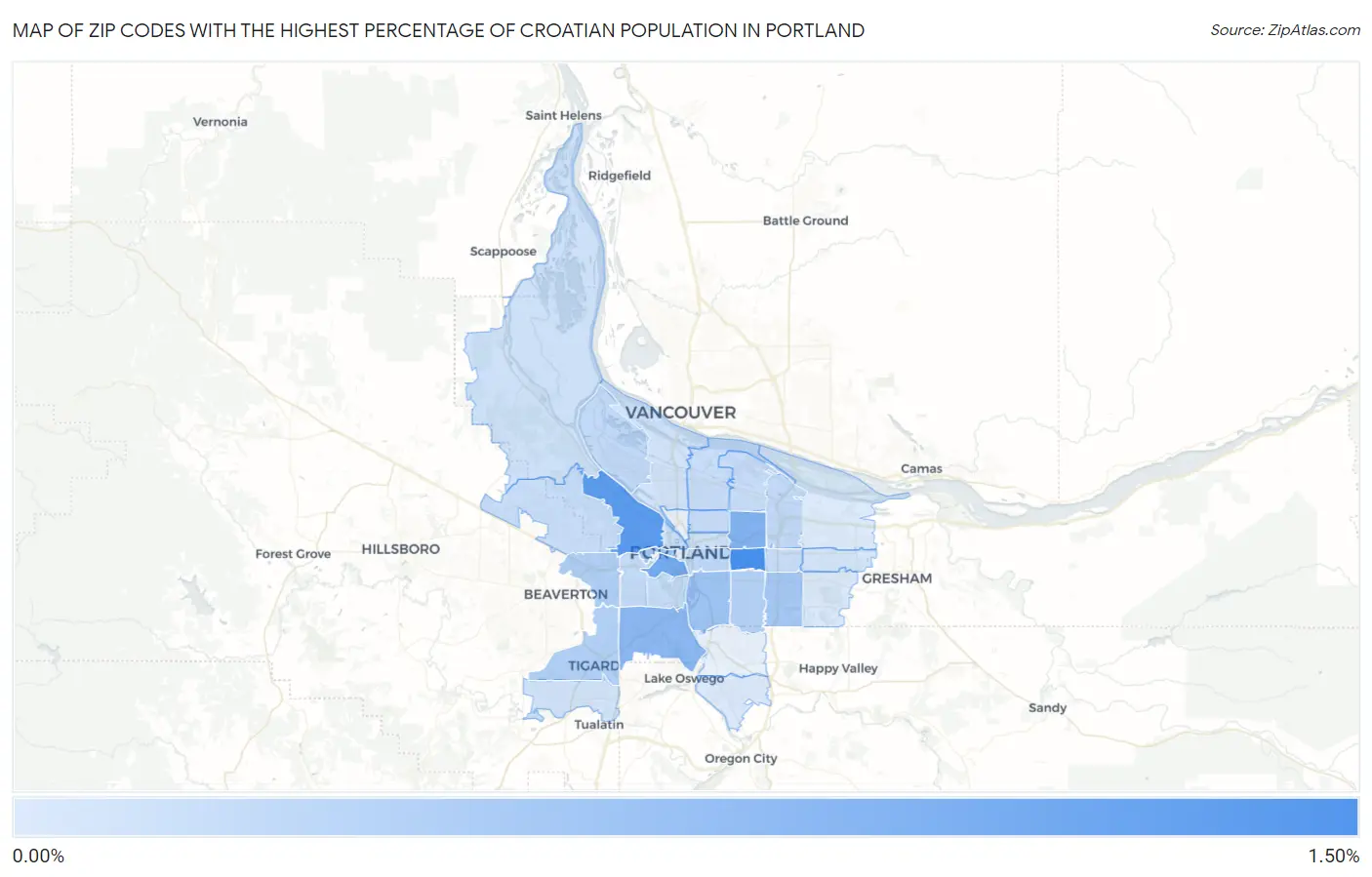 Zip Codes with the Highest Percentage of Croatian Population in Portland Map