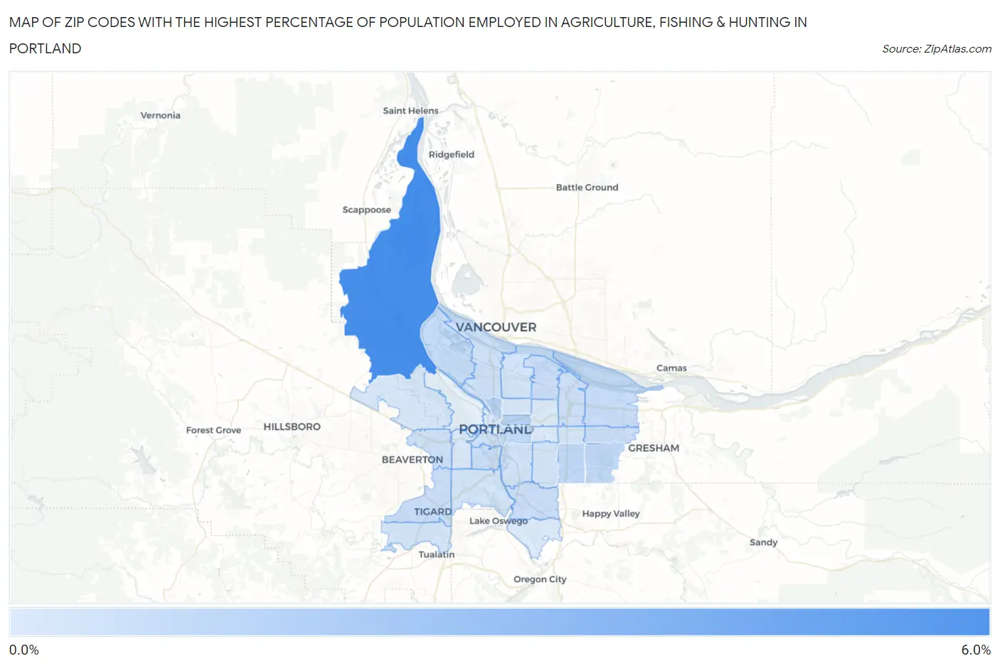 Zip Codes with the Highest Percentage of Population Employed in Agriculture, Fishing & Hunting in Portland Map