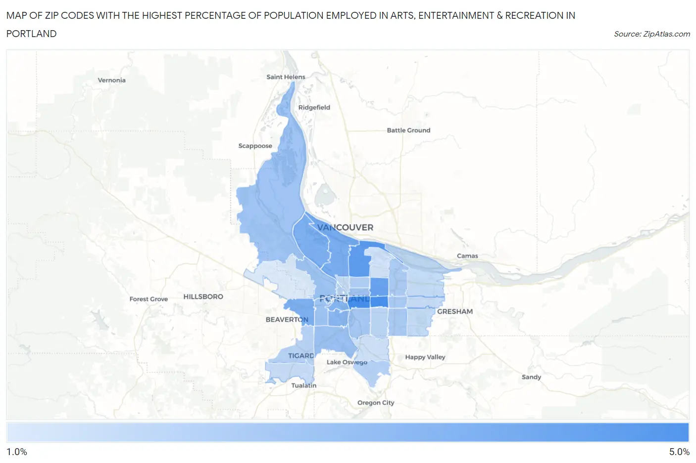 Zip Codes with the Highest Percentage of Population Employed in Arts, Entertainment & Recreation in Portland Map