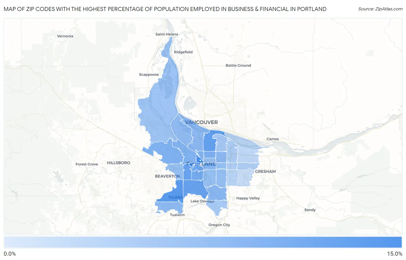 Zip Codes with the Highest Percentage of Population Employed in Business & Financial in Portland Map