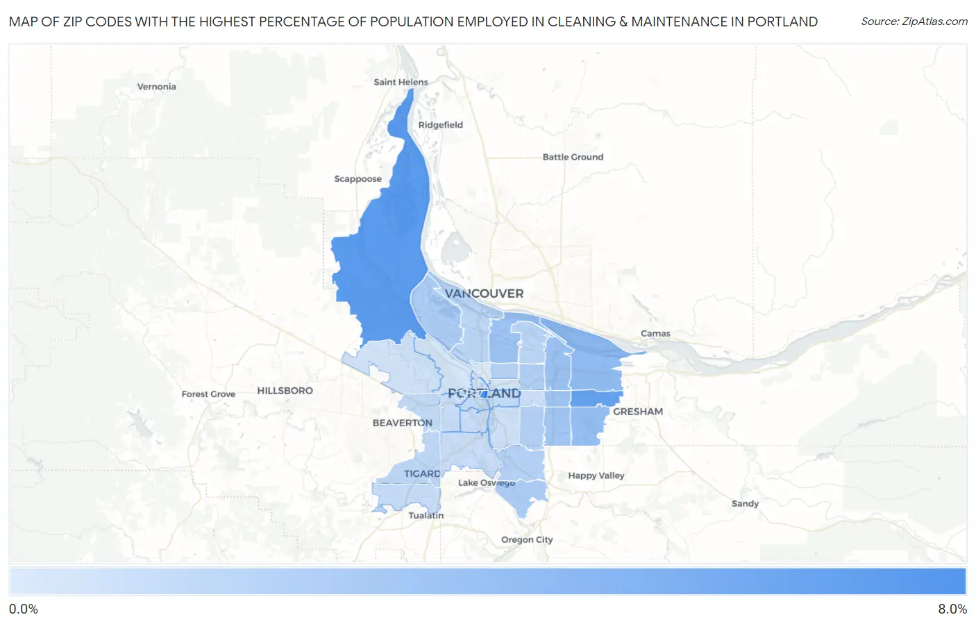 Zip Codes with the Highest Percentage of Population Employed in Cleaning & Maintenance in Portland Map