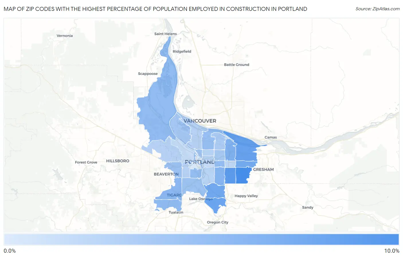 Zip Codes with the Highest Percentage of Population Employed in Construction in Portland Map