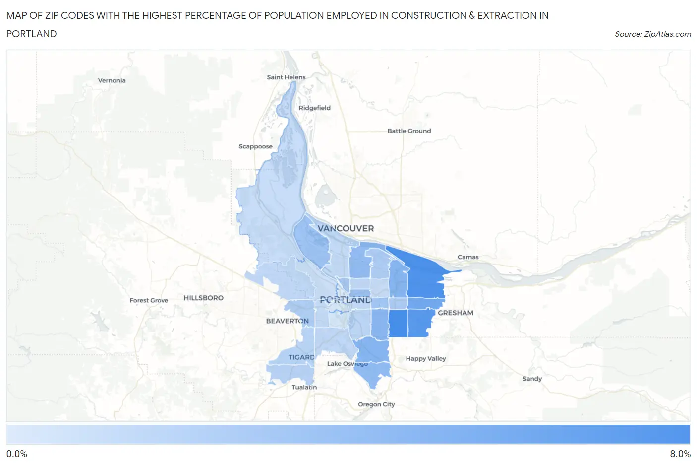 Zip Codes with the Highest Percentage of Population Employed in Construction & Extraction in Portland Map