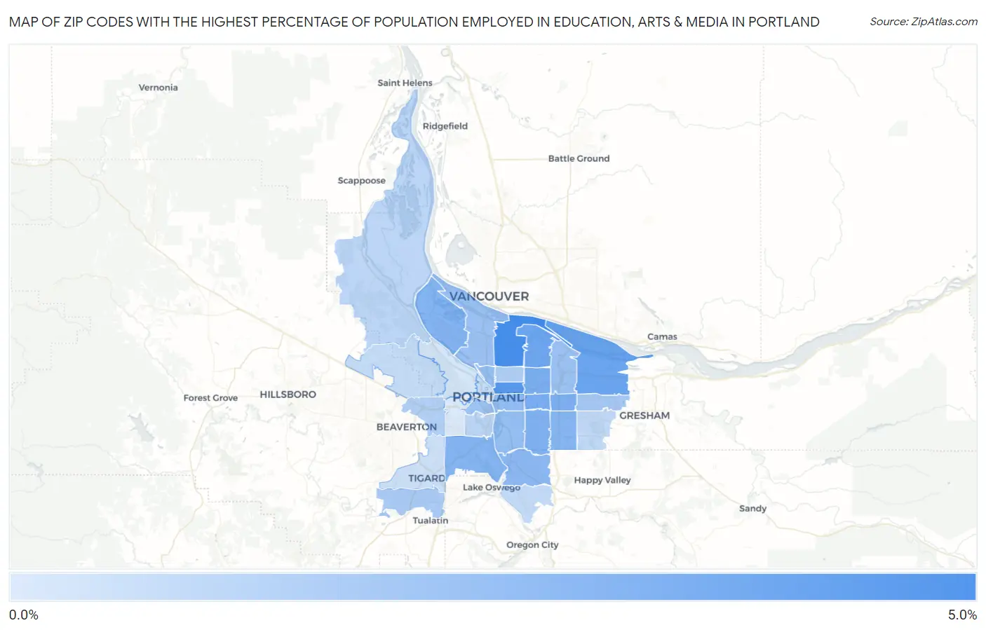 Zip Codes with the Highest Percentage of Population Employed in Education, Arts & Media in Portland Map