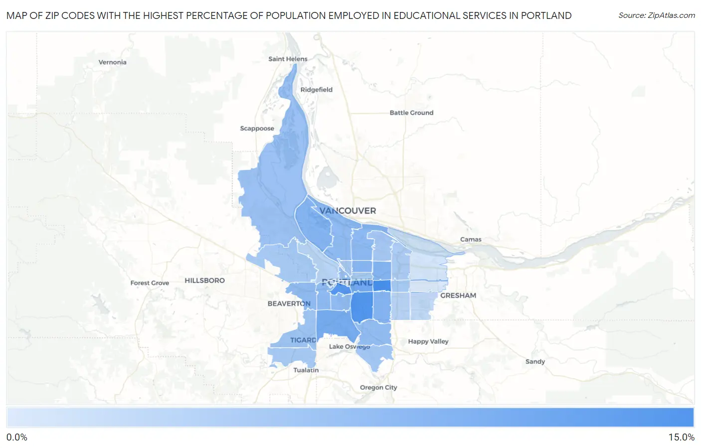 Zip Codes with the Highest Percentage of Population Employed in Educational Services in Portland Map