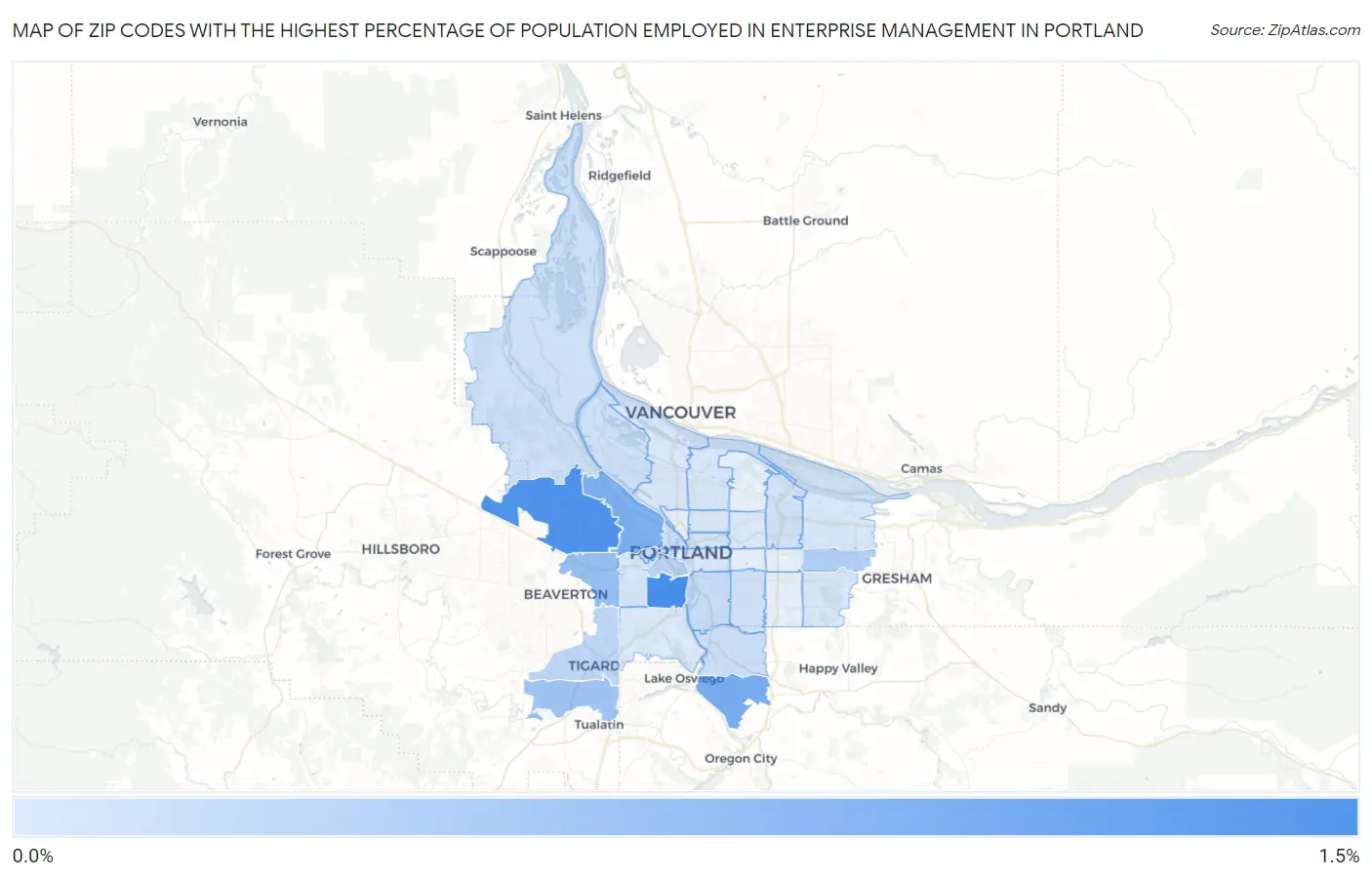 Zip Codes with the Highest Percentage of Population Employed in Enterprise Management in Portland Map